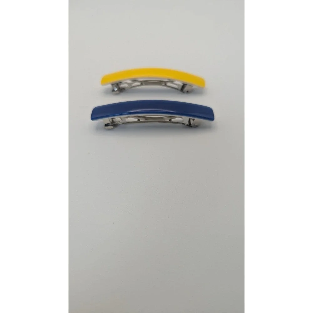 Vintage Made in Taiwan Hair Barrette Set Yellow and Navy Blue Slim Rectangular